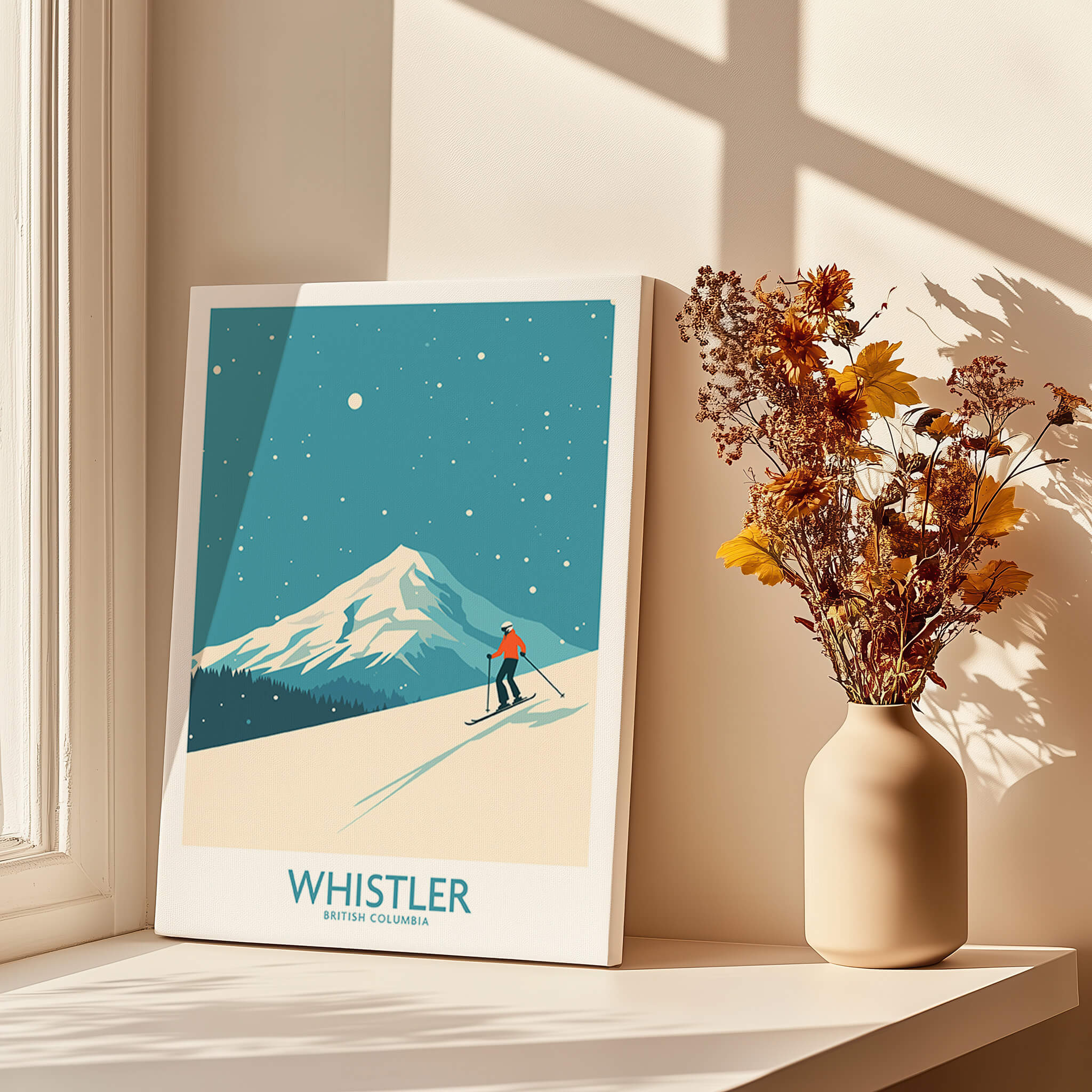 Whistler Wall Art Print -  British Columbia depicting a skier on snow-covered slopes with vibrant colors and mountain backdrop.