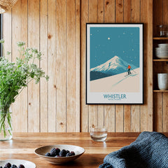 Whistler Wall Art Print -  British Columbia featuring a skier on a snowy slope with vibrant colors and mountain backdrop.
