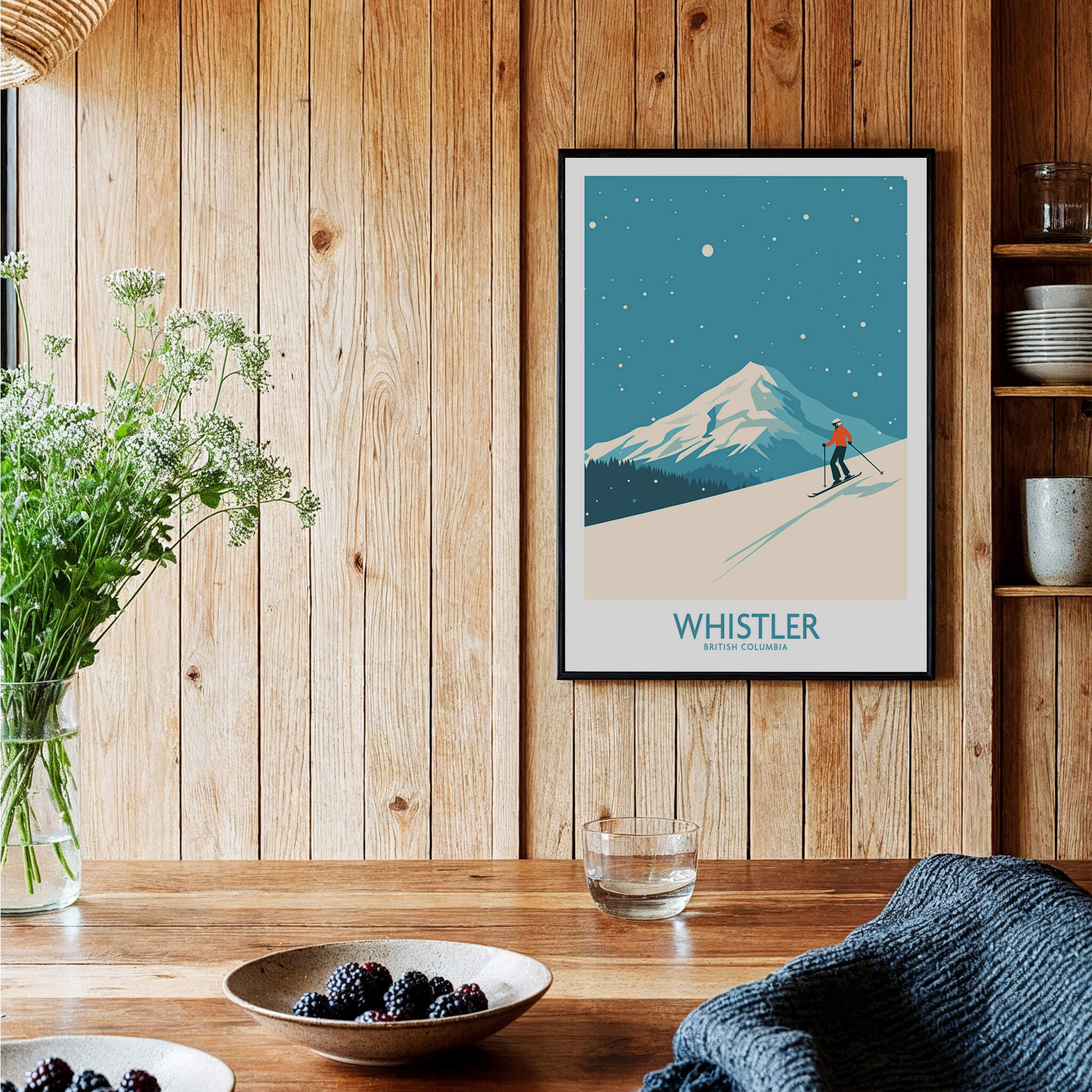 Whistler Wall Art Print -  British Columbia featuring a skier on a snowy slope with vibrant colors and mountain backdrop.