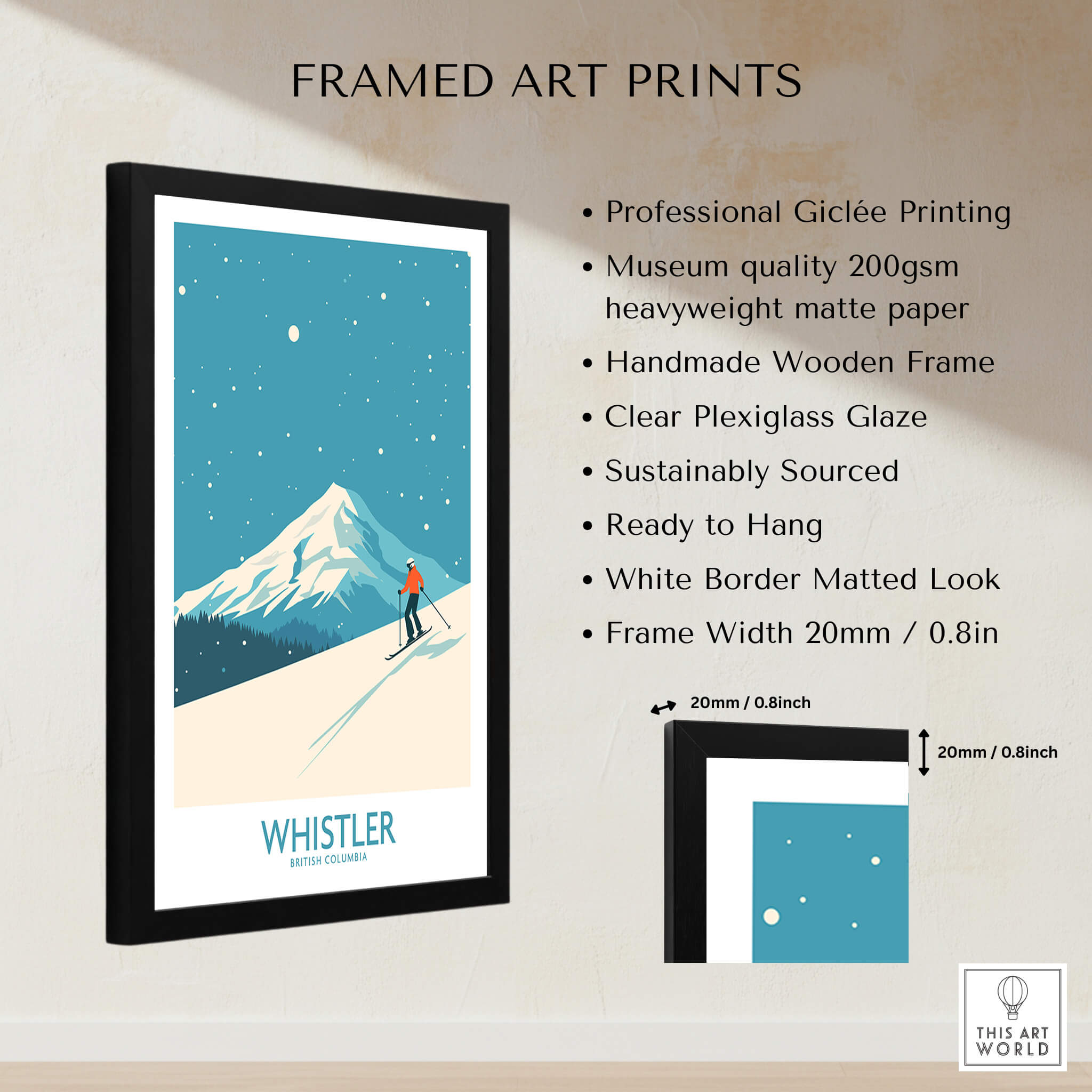 Whistler Wall Art Print - British Columbia framed art showcasing snowy slopes and a skier in a vibrant design.