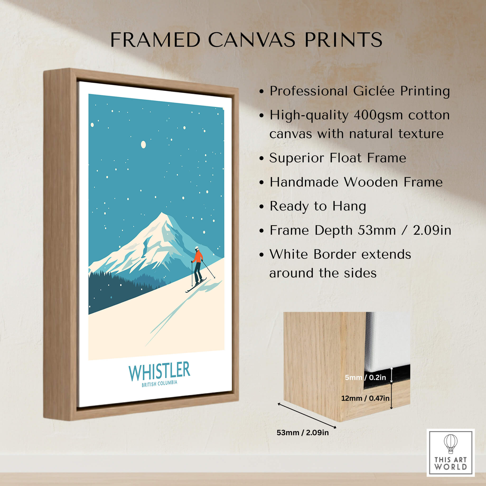 Whistler Wall Art Print - British Columbia showcased in a framed canvas print with vibrant design and modern wooden frame.