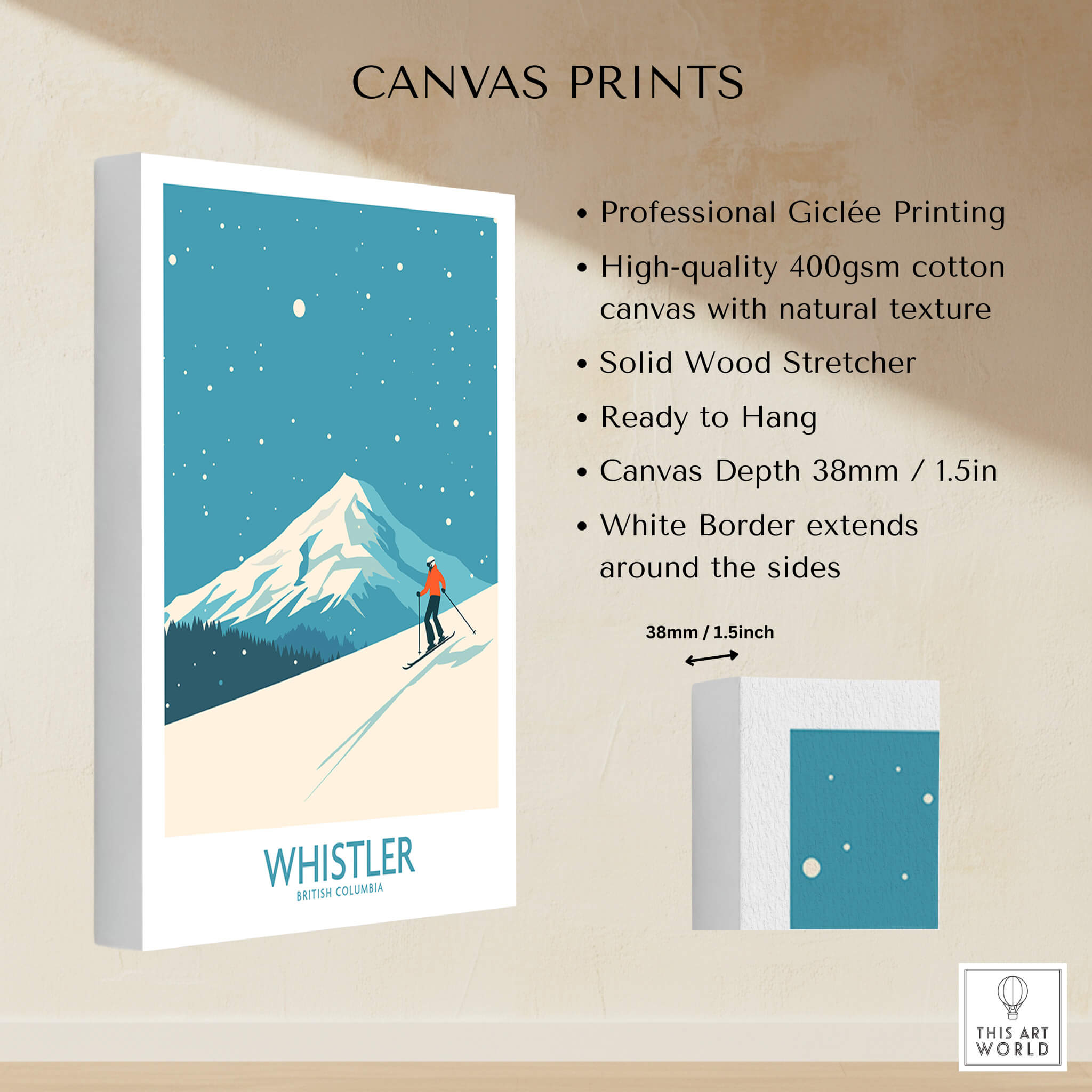 Whistler Wall Art Print - British Columbia displayed on a wall with high-quality canvas texture and vibrant skiing design.