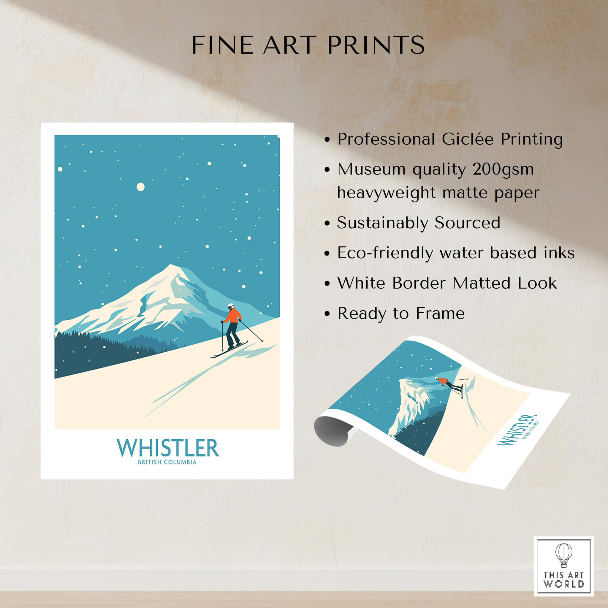 Whistler Wall Art Print - British Columbia showcasing a skier on a snow-covered mountain with vibrant colors.