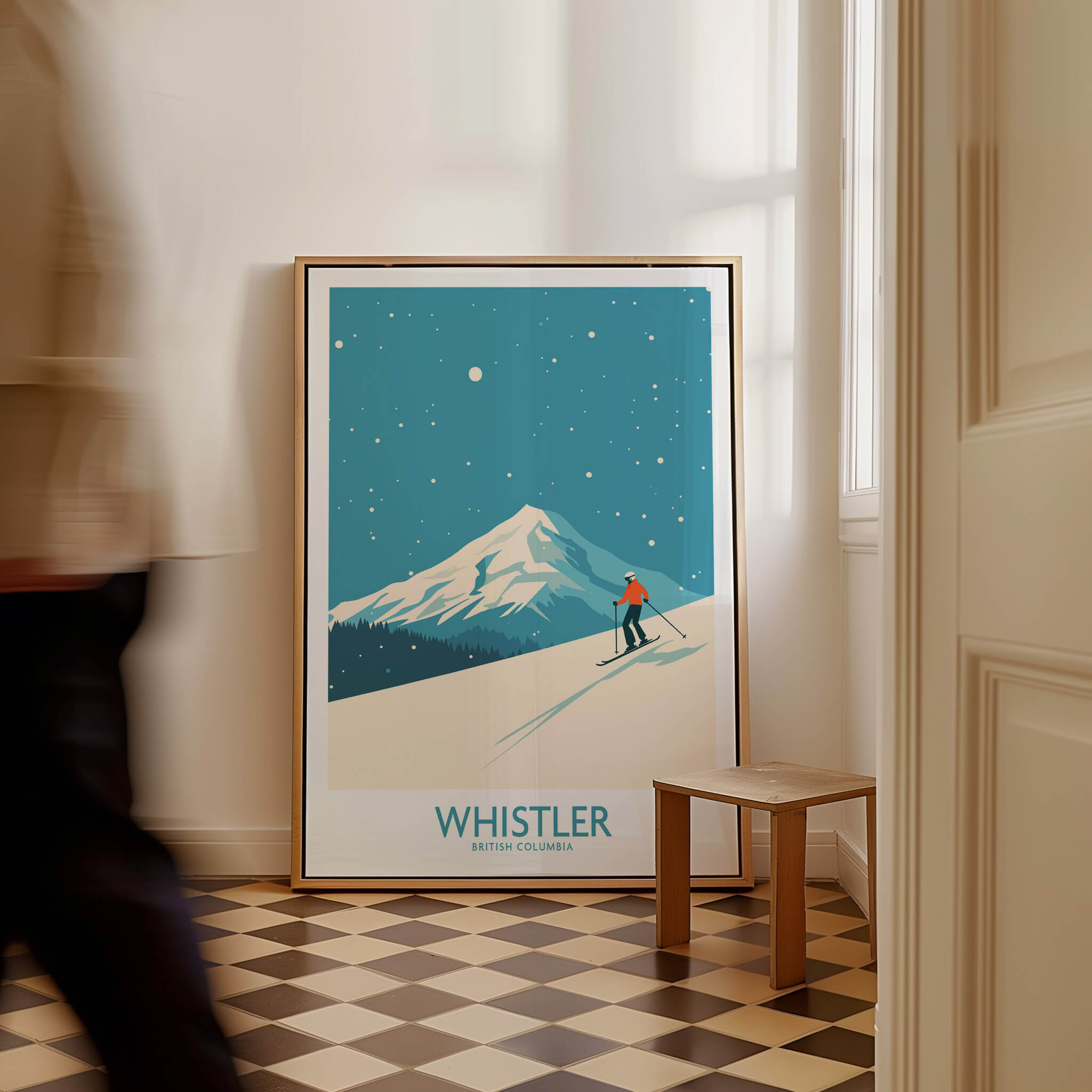Whistler Wall Art Print - British Columbia showcasing a skier on a snowy mountain backdrop in a stylish interior setting.