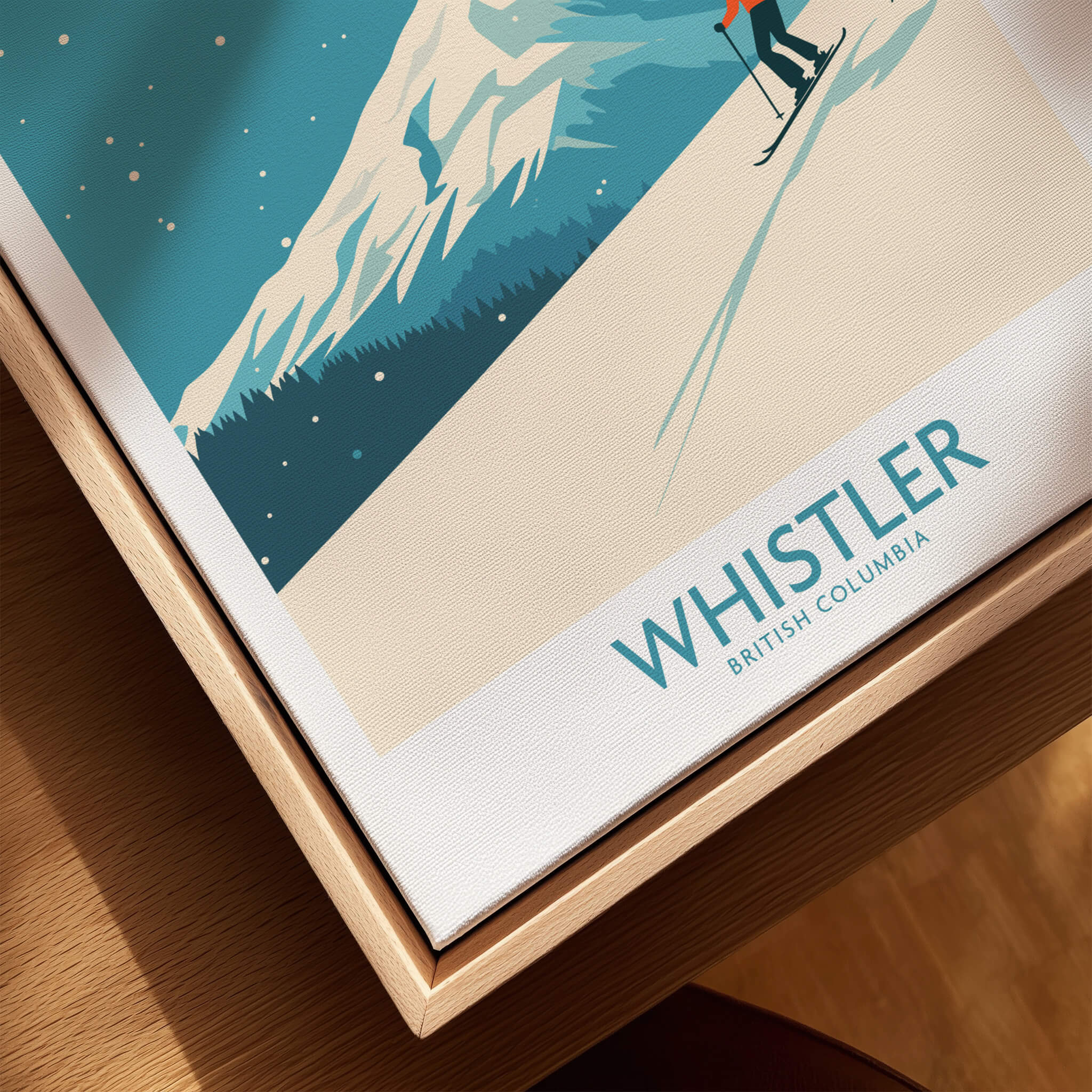 Whistler Wall Art Print - British Columbia showcasing a skier on snowy slopes against a mountain backdrop.