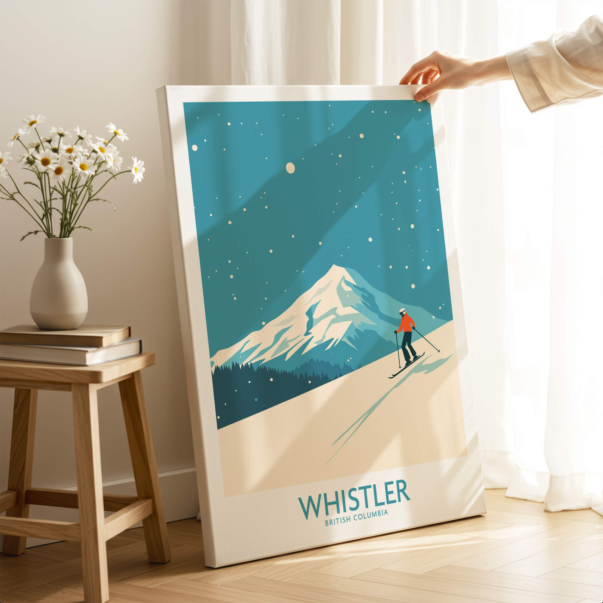 Whistler Wall Art Print - British Columbia showcasing a skier against a snowy mountain backdrop.