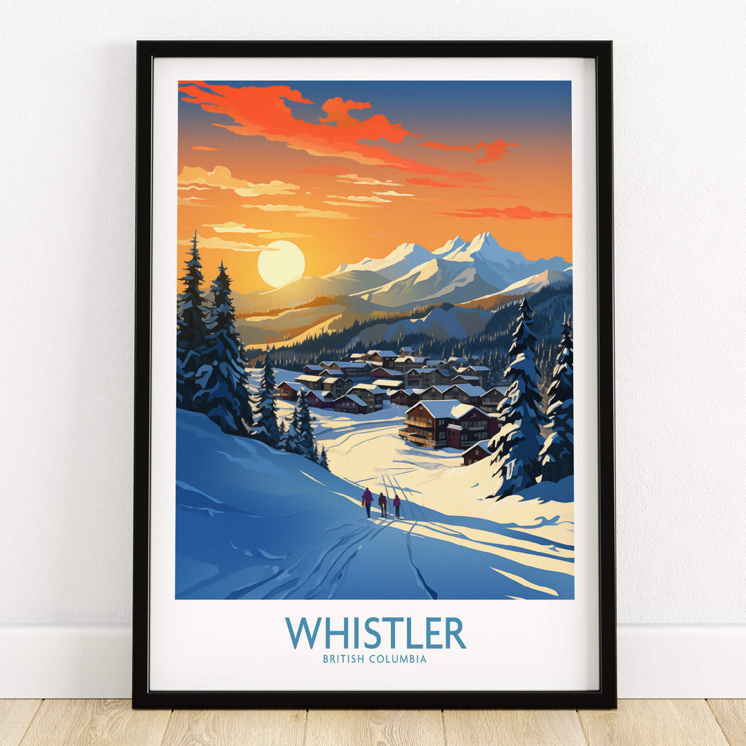 Whistler Wall Art Ski Poster showcasing a picturesque ski landscape at sunset in British Columbia.