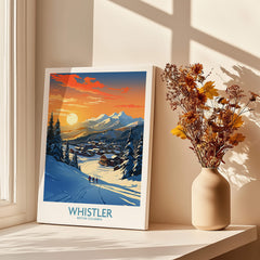 Whistler Wall Art Ski Poster showcasing a stunning ski landscape with sunset and snow-covered mountains.
