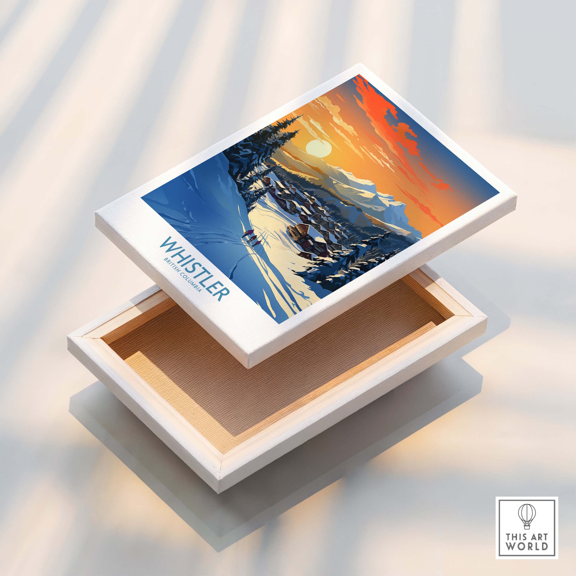 Whistler Wall Art Ski Poster displayed on a box showcasing a stunning ski landscape in vibrant colors.