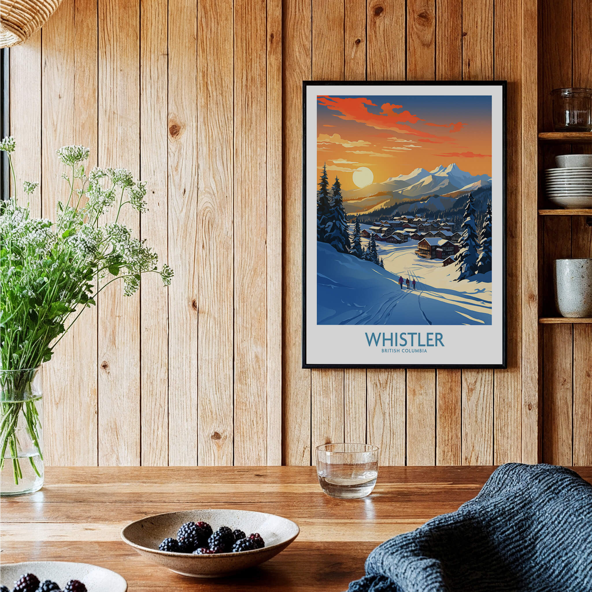 Whistler Wall Art Ski Poster featuring a beautiful ski landscape, perfect for home decor or a gift for skiers.