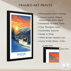 Whistler Wall Art Ski Poster framed print showcasing a stunning ski landscape with a clear plexiglass glaze.