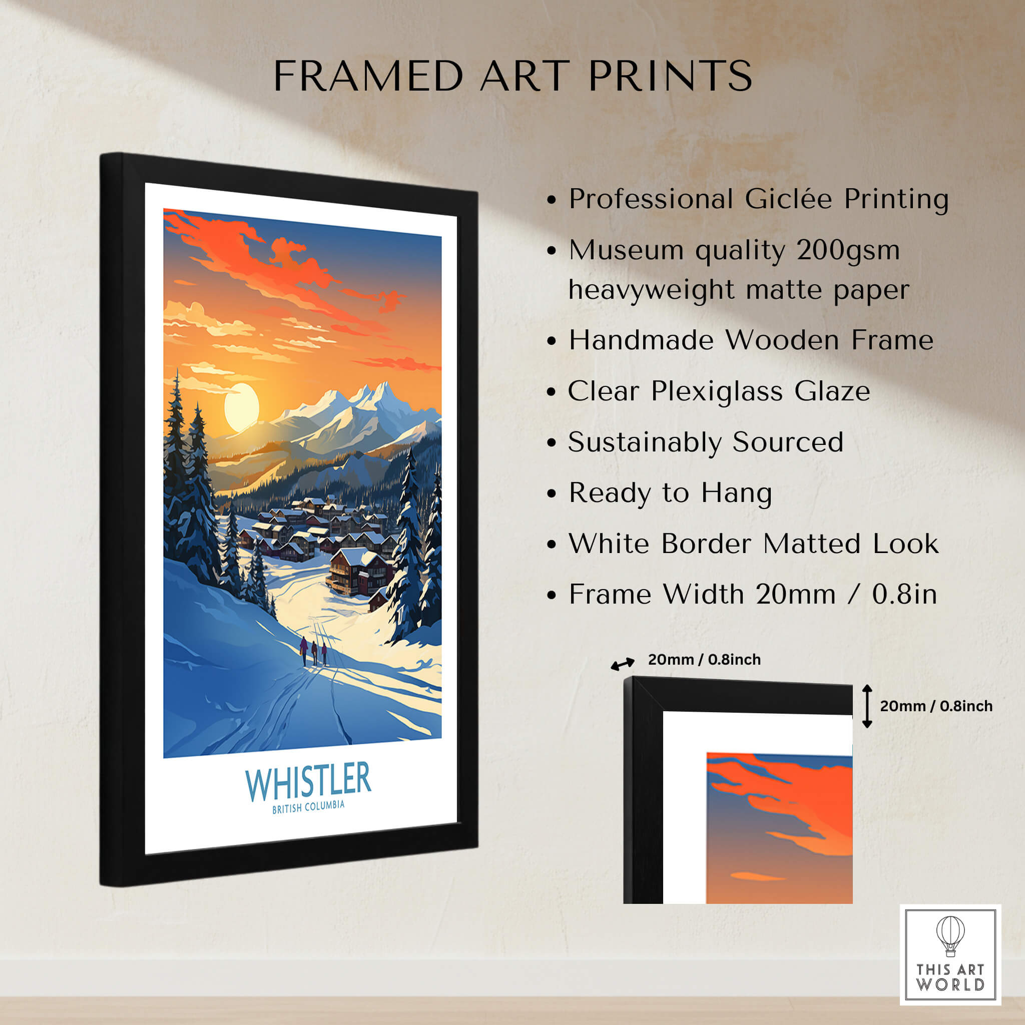 Whistler Wall Art Ski Poster framed print showcasing a stunning ski landscape with a clear plexiglass glaze.