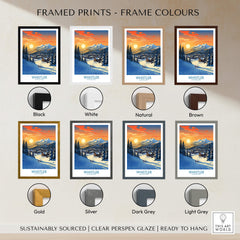 Whistler Wall Art Ski Poster framed prints in various colors including black, white, brown, gold, and silver.