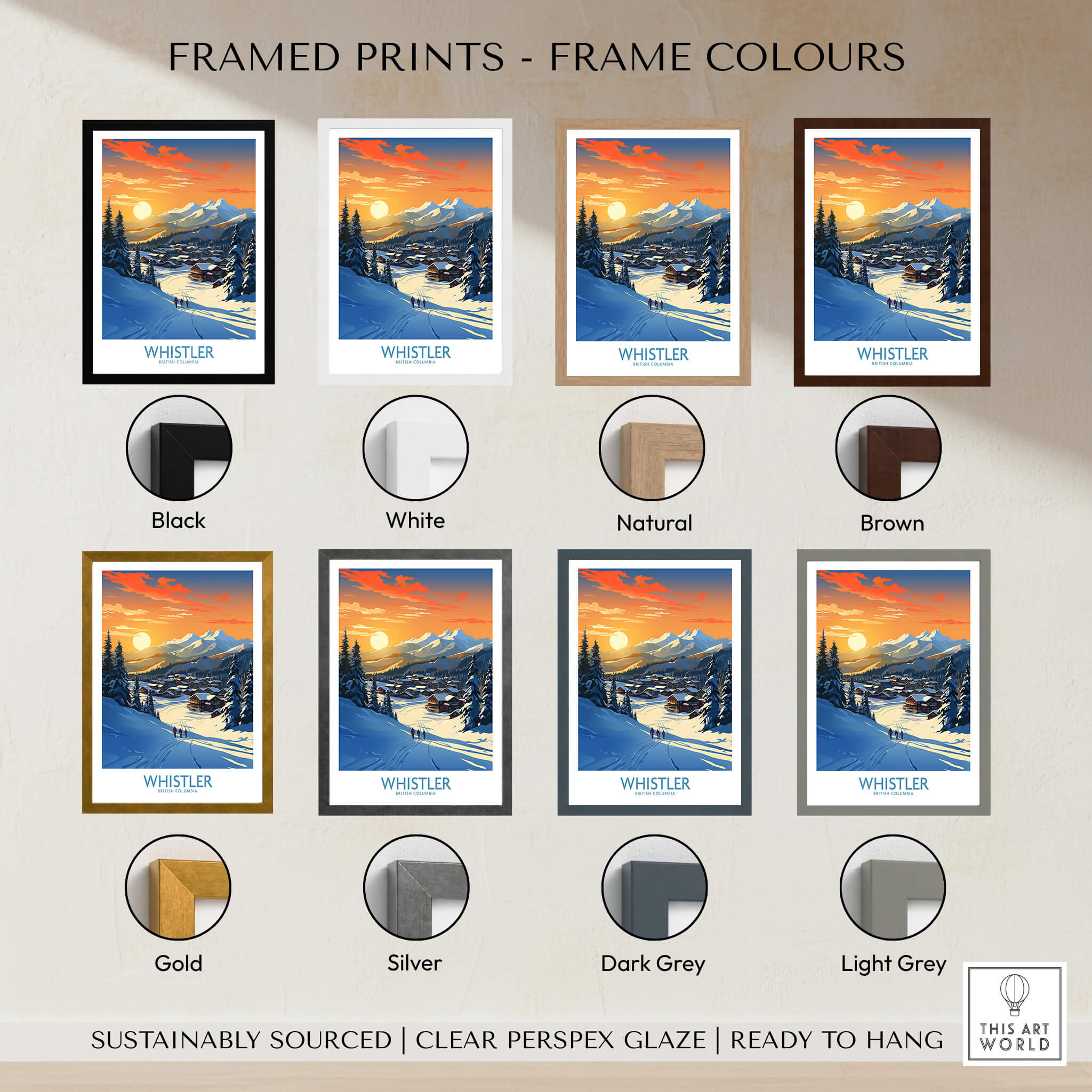 Whistler Wall Art Ski Poster framed prints in various colors including black, white, brown, gold, and silver.