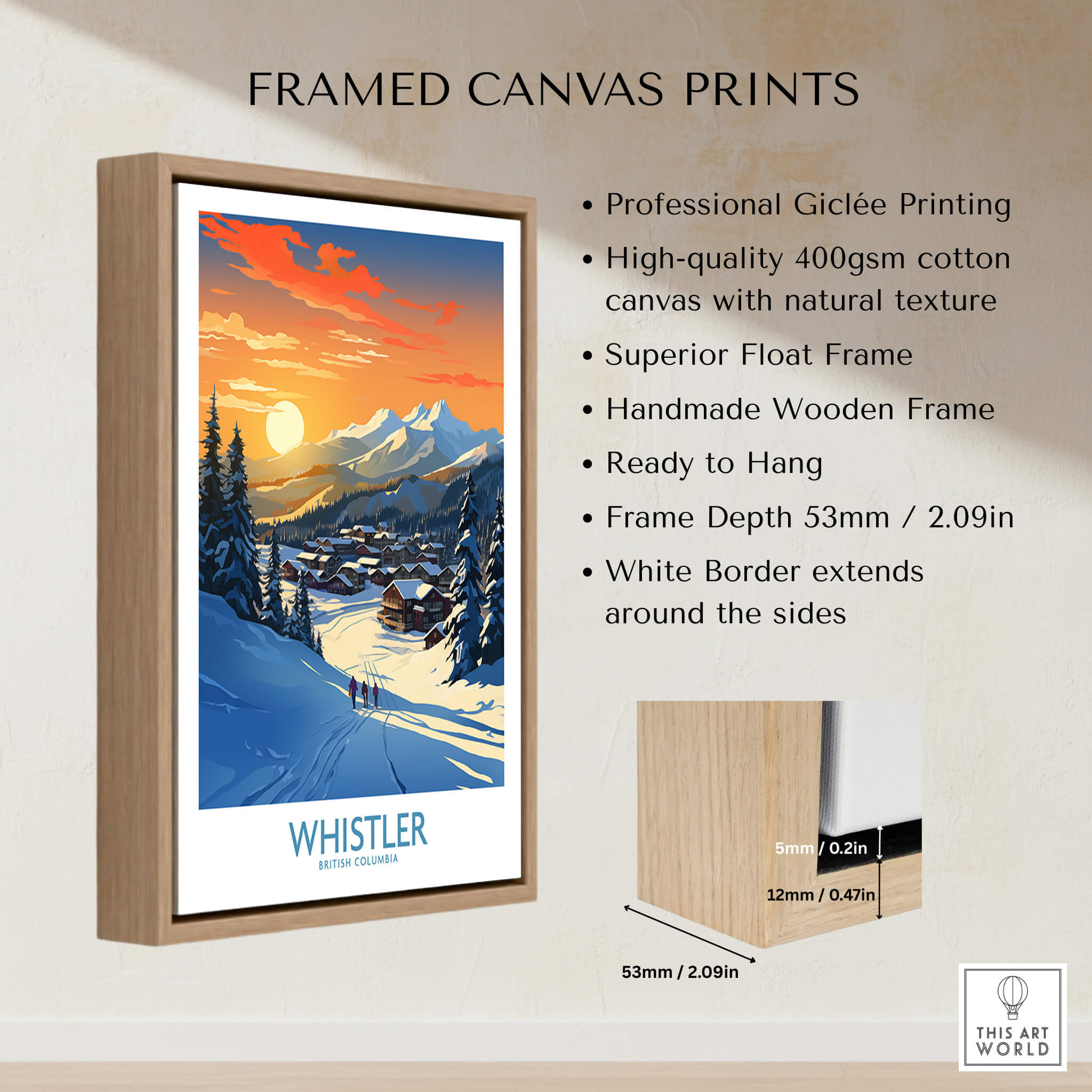 Whistler Wall Art Ski Poster framed canvas print showcasing stunning ski landscape for home decor.