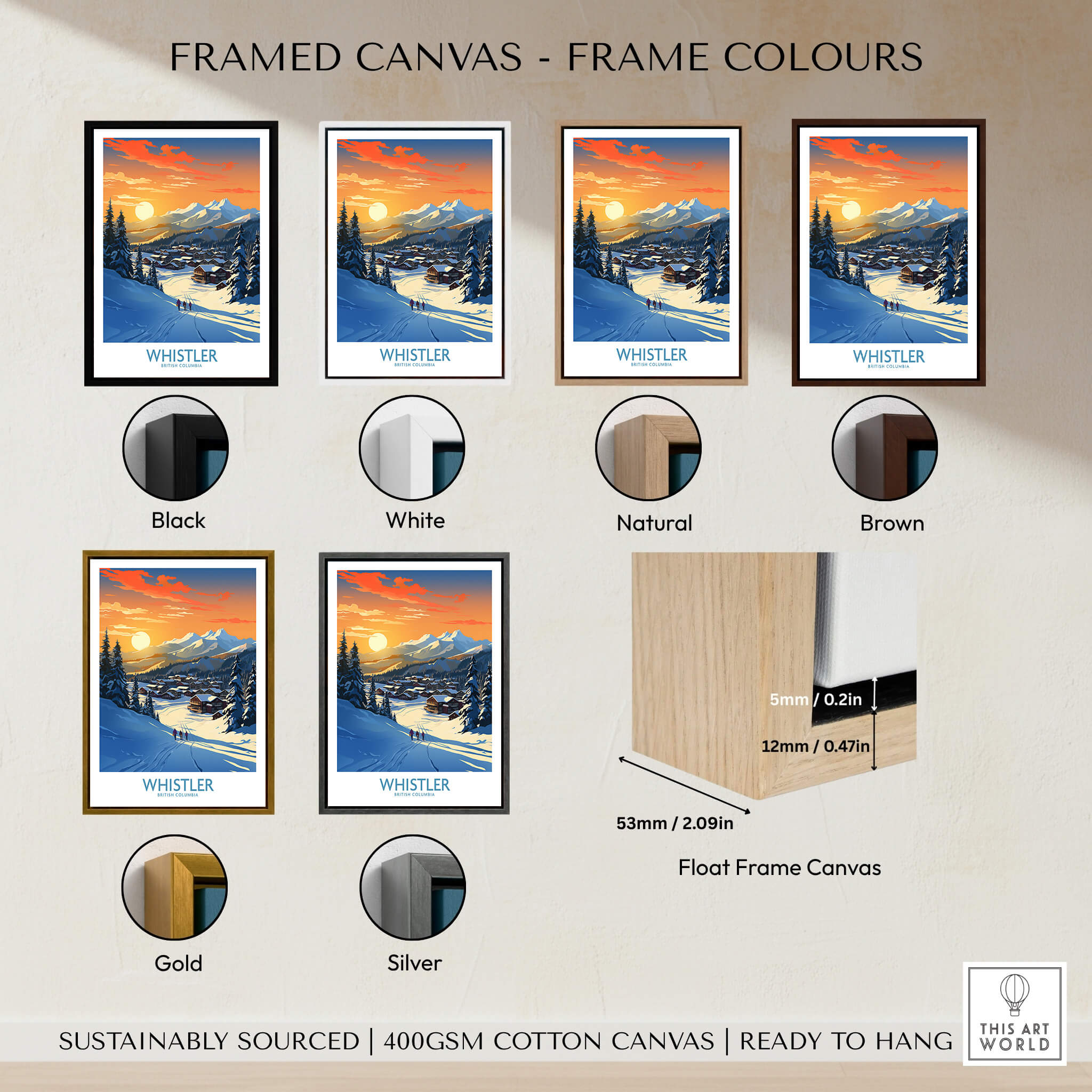 Frame colors options for the Whistler Wall Art Ski Poster, including black, white, natural, brown, gold, and silver.