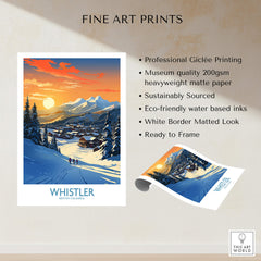 Whistler Wall Art Ski Poster showcasing a beautiful ski landscape with mountains and sunset for home decor.