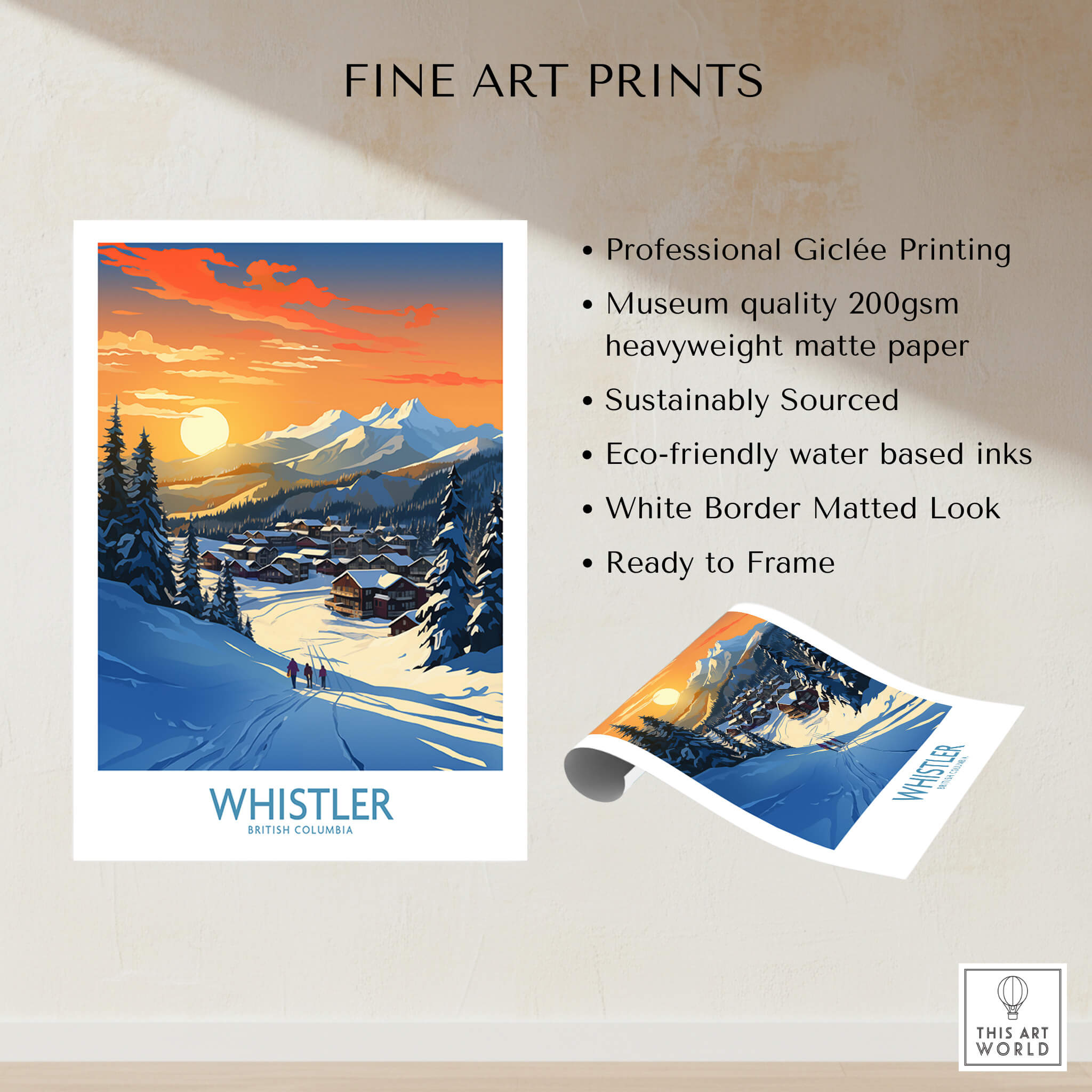 Whistler Wall Art Ski Poster showcasing a beautiful ski landscape with mountains and sunset for home decor.