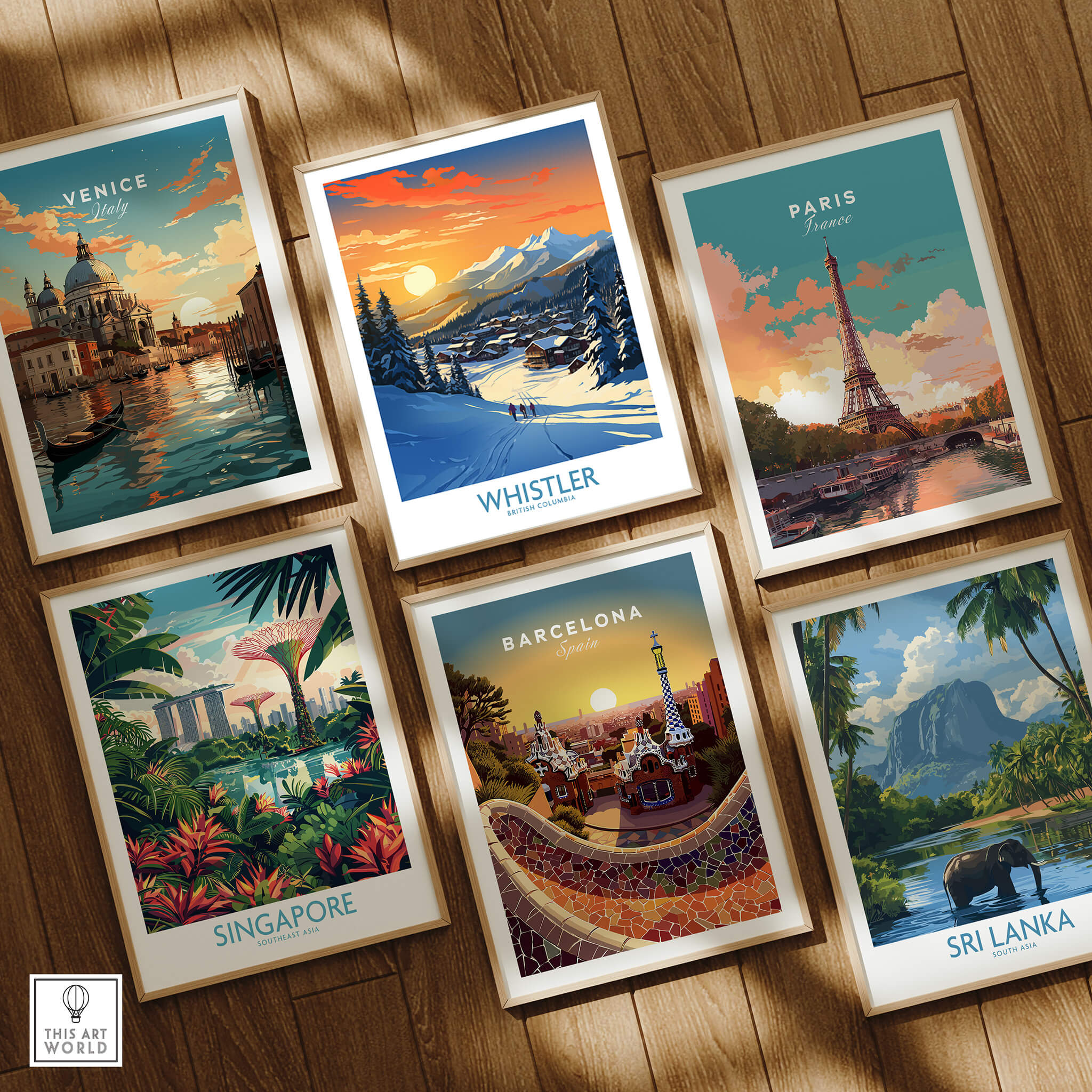 Whistler Wall Art Ski Poster among travel-themed prints featuring Venice, Paris, Singapore, Barcelona, and Sri Lanka.