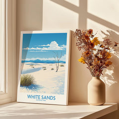 White Sands National Park print on canvas by window with vase of dried flowers, home decor art