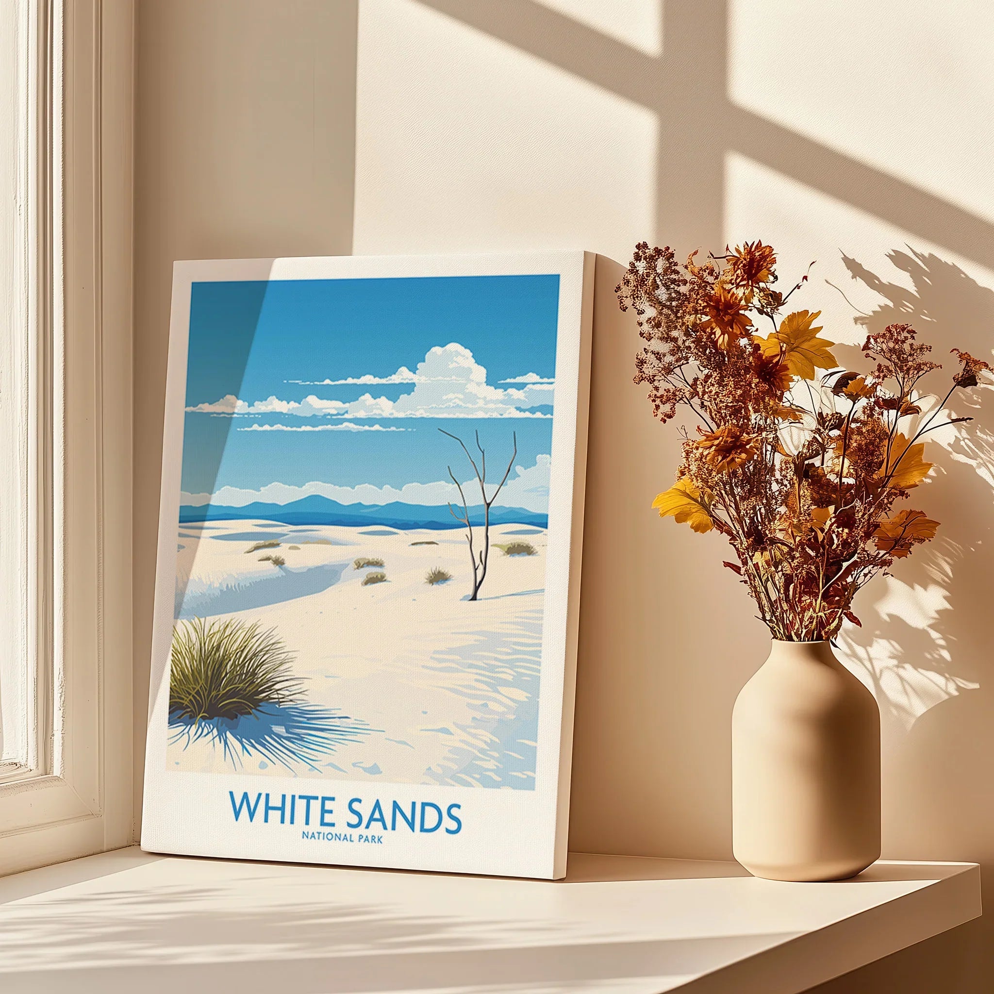 White Sands National Park print on canvas by window with vase of dried flowers, home decor art