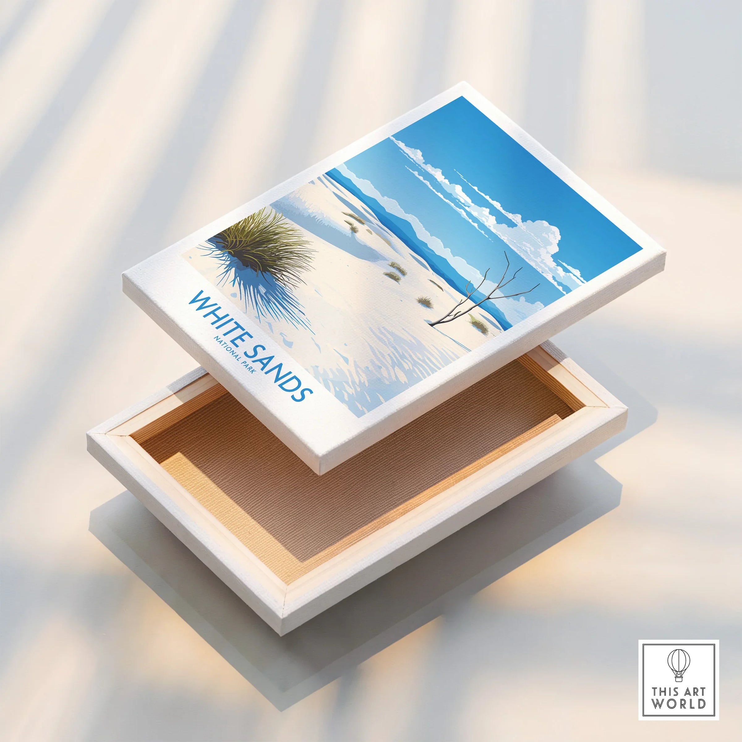 White Sands National Park art print on stretched canvas with landscape illustration.