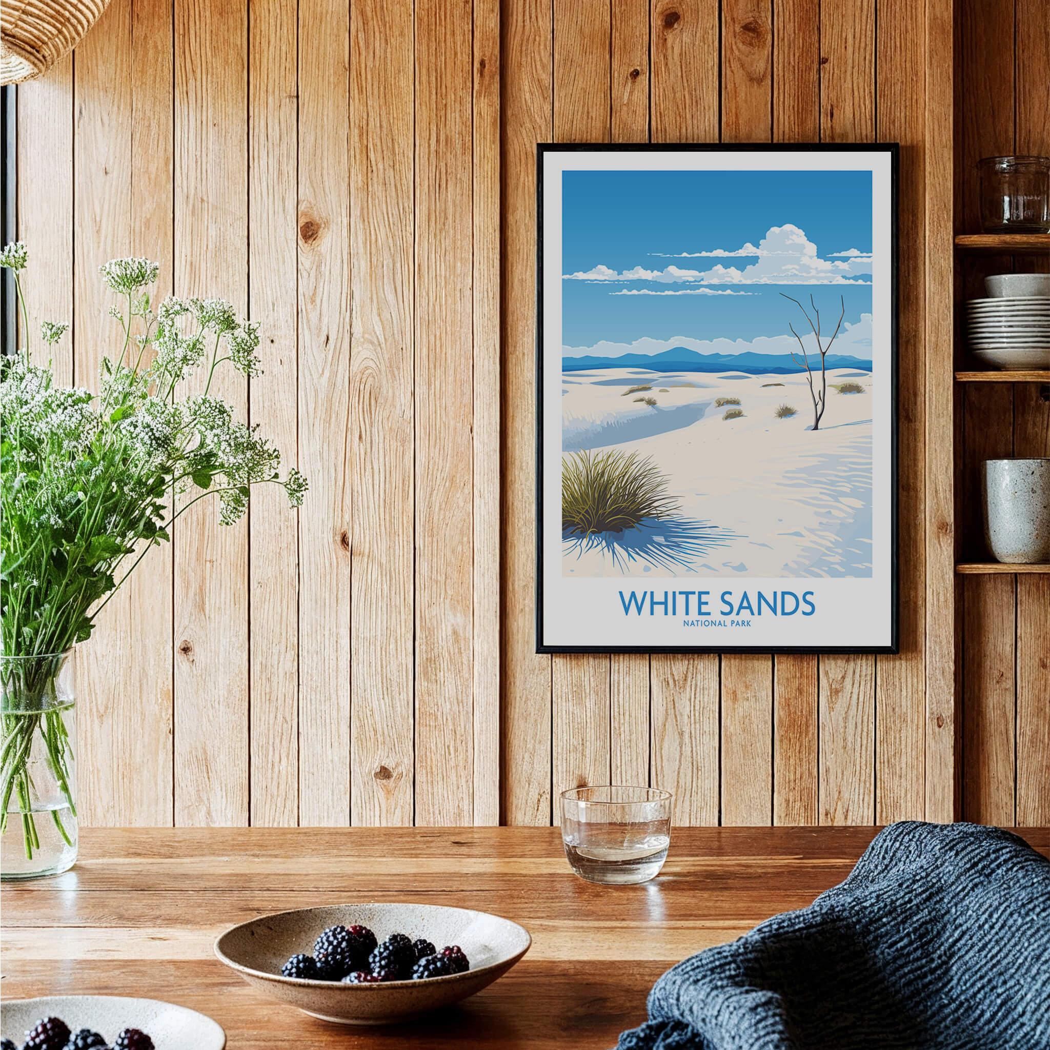 White Sands National Park art print in black frame hanging in rustic kitchen setting