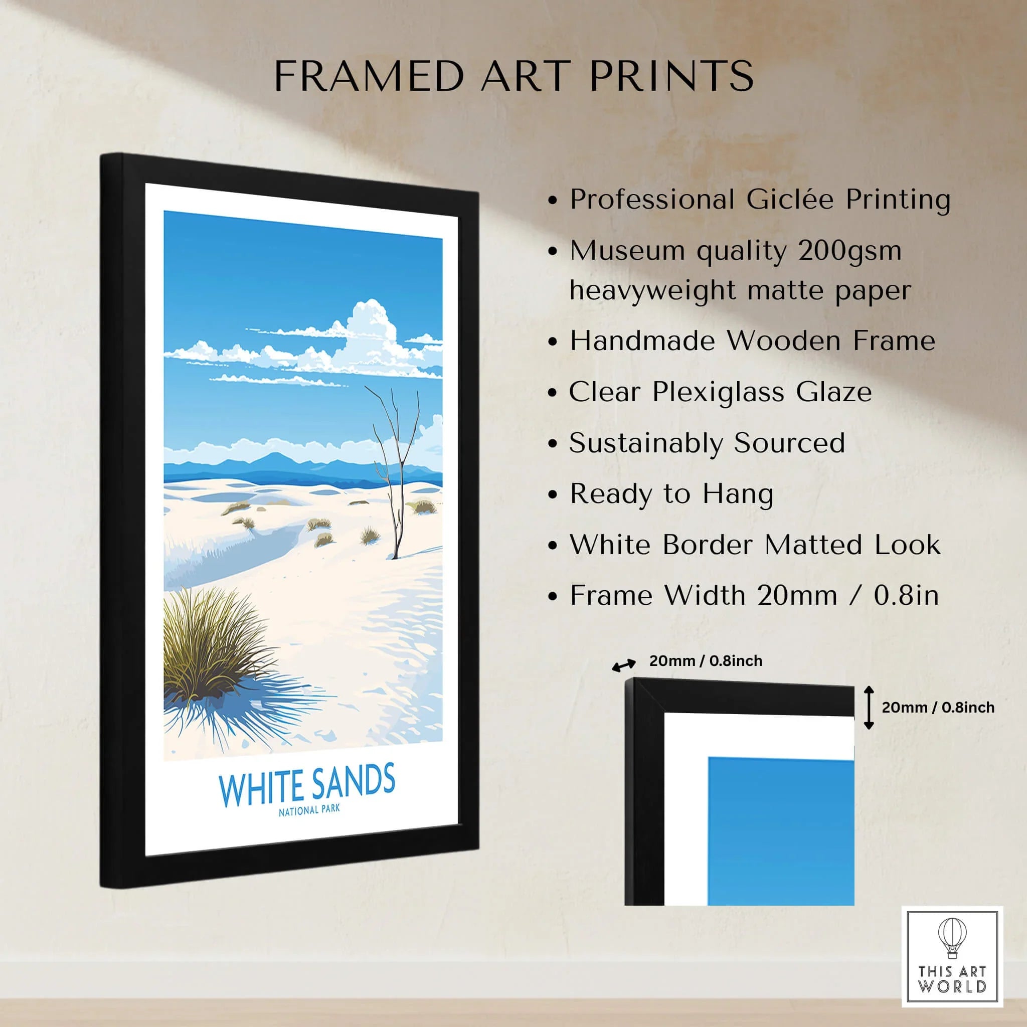 Framed White Sands National Park art print with museum-quality paper and wooden frame details.