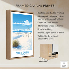 White Sands National Park travel poster in float frame canvas, desert landscape wall art