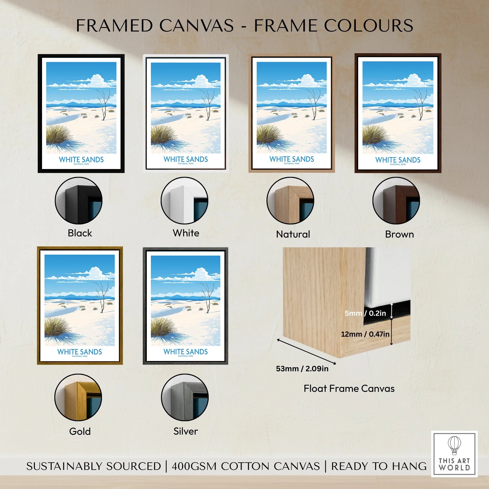 White Sands National Park art print with six frame color options: black, white, natural, brown, gold, silver.