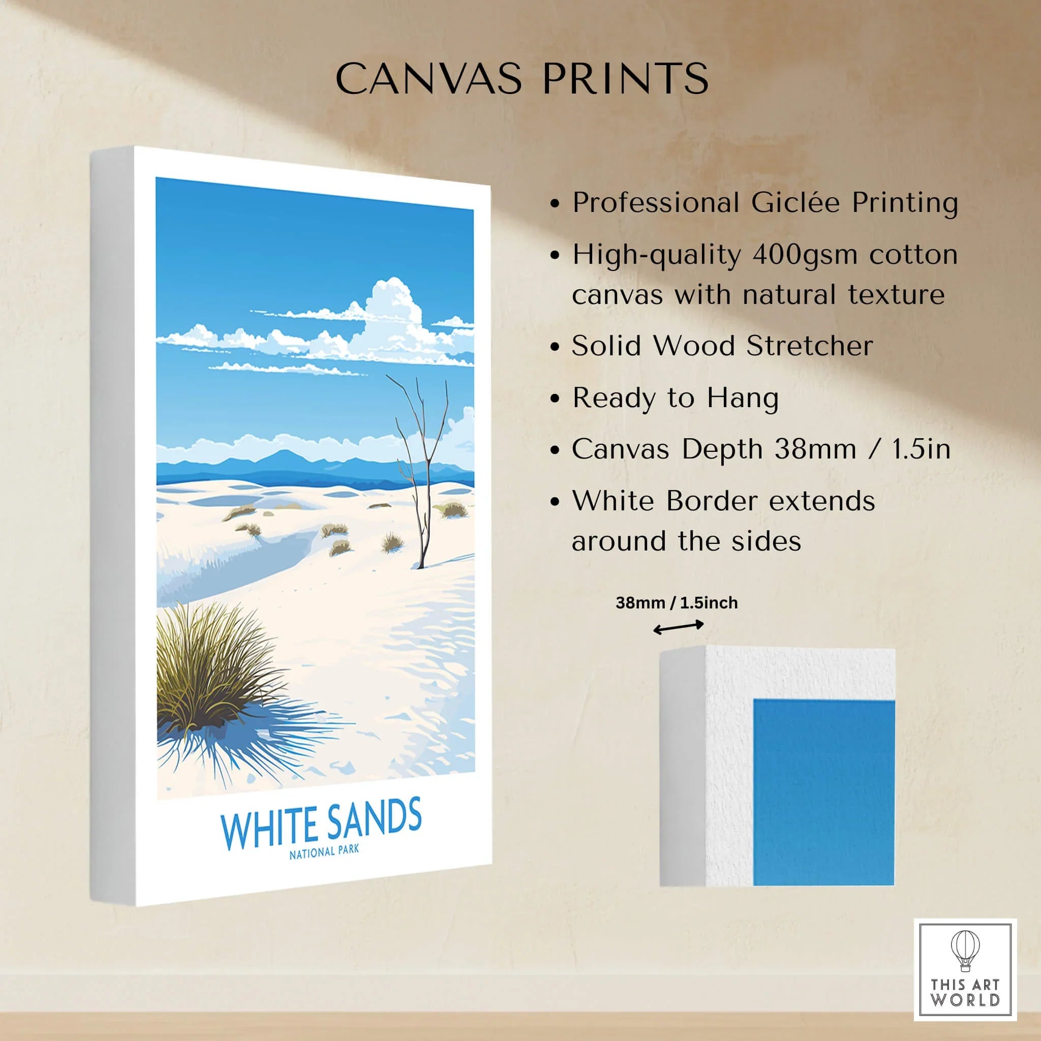 White Sands National Park canvas print with desert landscape and blue sky, wall art details shown