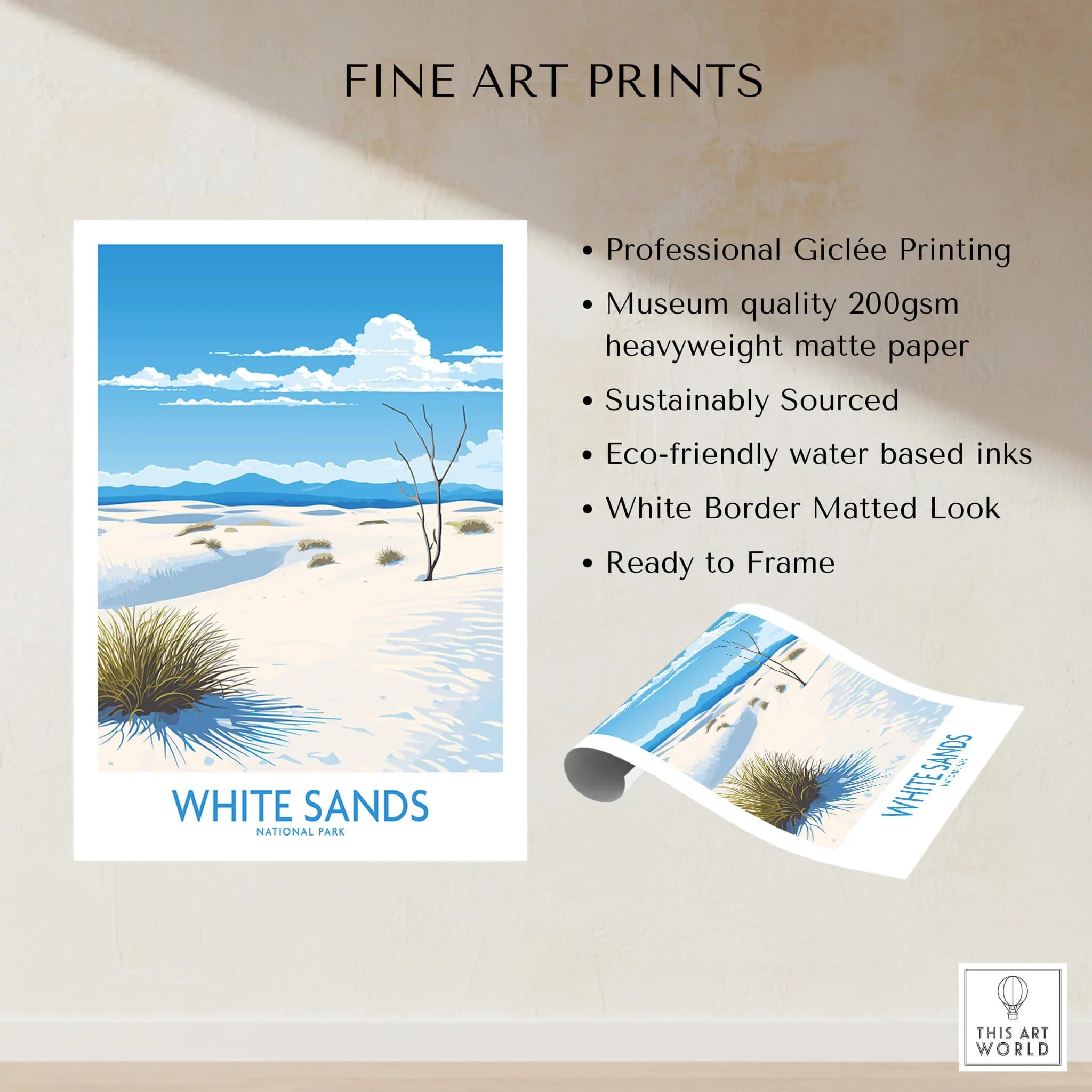 White Sands National Park fine art print with sand dunes, blue sky, and desert grass