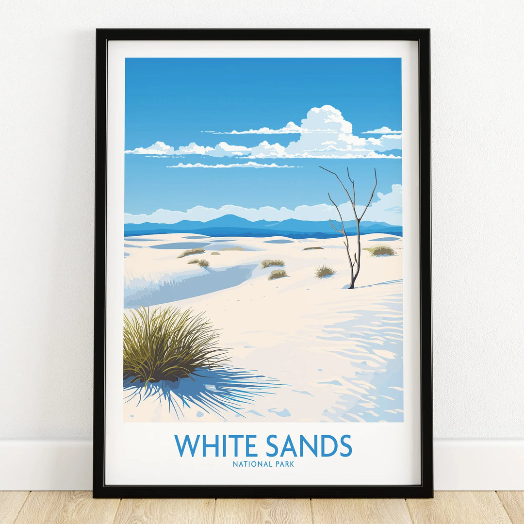 White Sands National Park art print in black frame, desert landscape with blue sky and clouds
