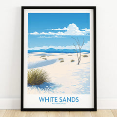 White Sands National Park art print in black frame, desert landscape with blue sky and clouds