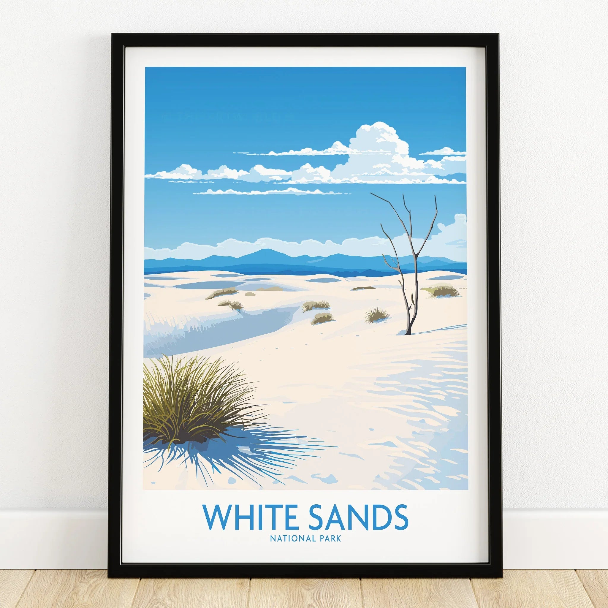 White Sands National Park art print in black frame, desert landscape with blue sky and clouds