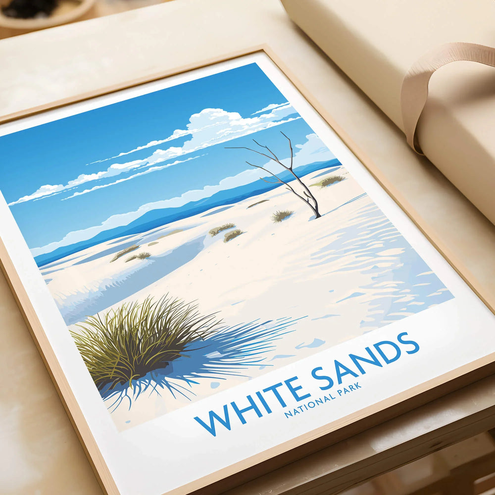 White Sands National Park framed art print with desert landscape illustration and blue sky.