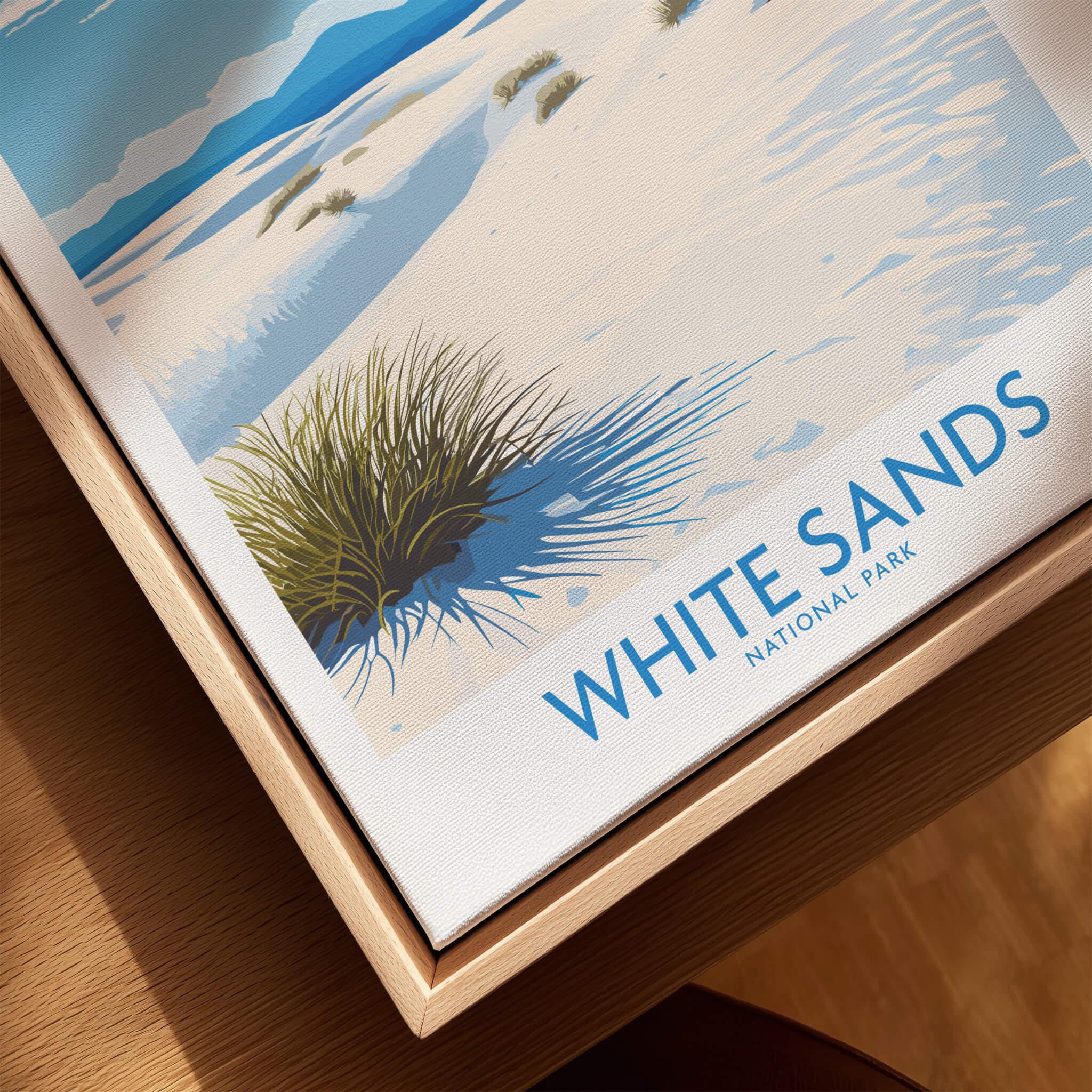 White Sands National Park art print closeup in natural wood floating frame, desert landscape design