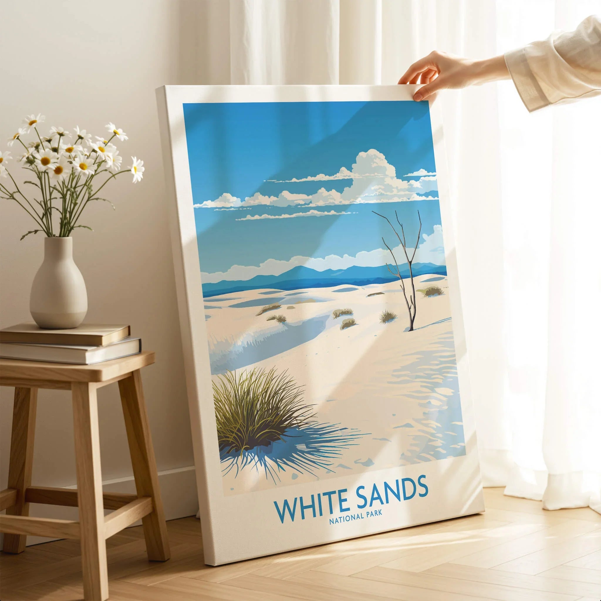 White Sands National Park art print with desert landscape on canvas in modern home decor setting