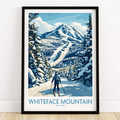 Whiteface New York Print | Skiing Scene Wall Art featuring a skier on a snowy trail with Whiteface Mountain in the background.