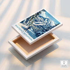 Whiteface New York Print | Skiing Scene Wall Art on a box with a snowy mountain landscape and a skier.
