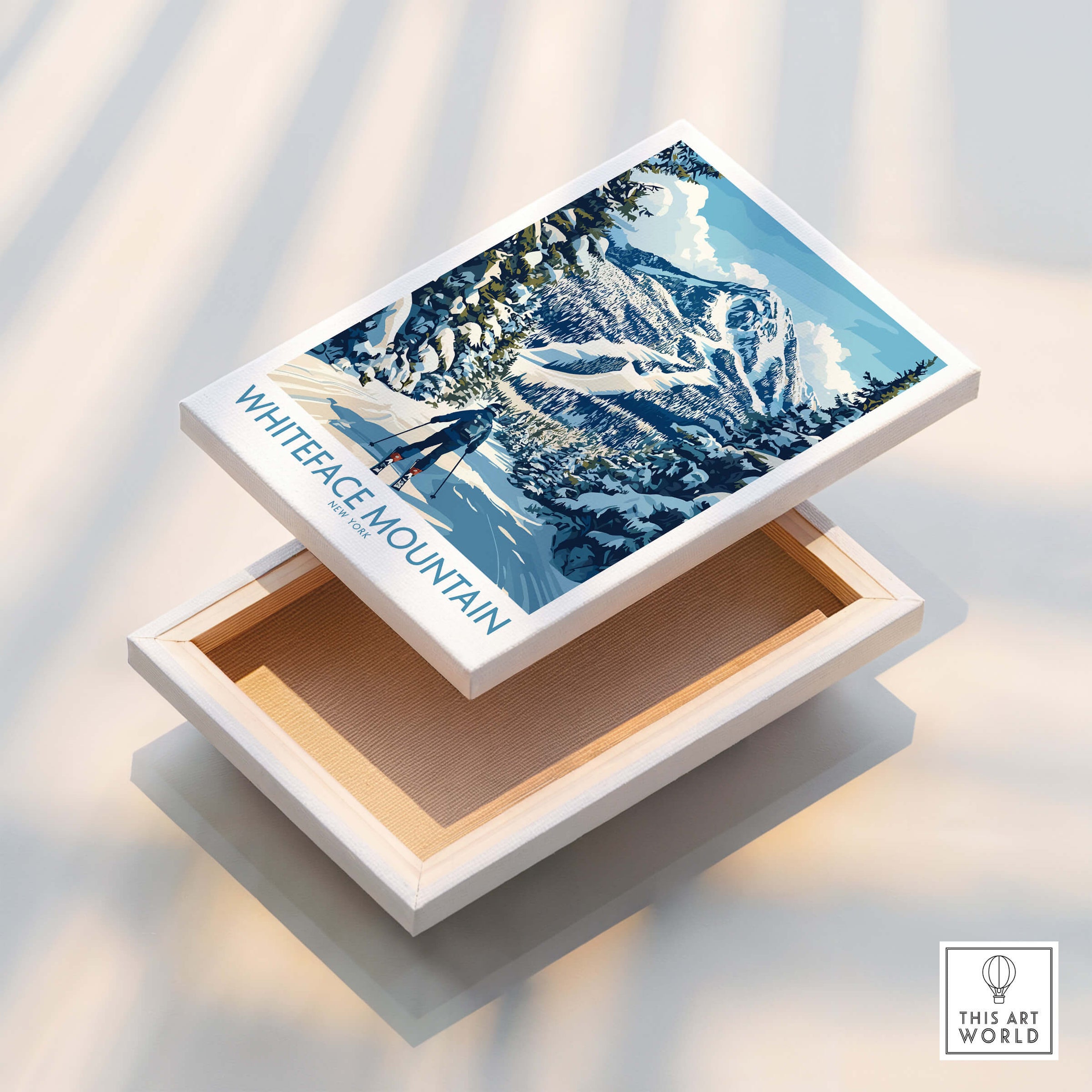 Whiteface New York Print | Skiing Scene Wall Art on a box with a snowy mountain landscape and a skier.
