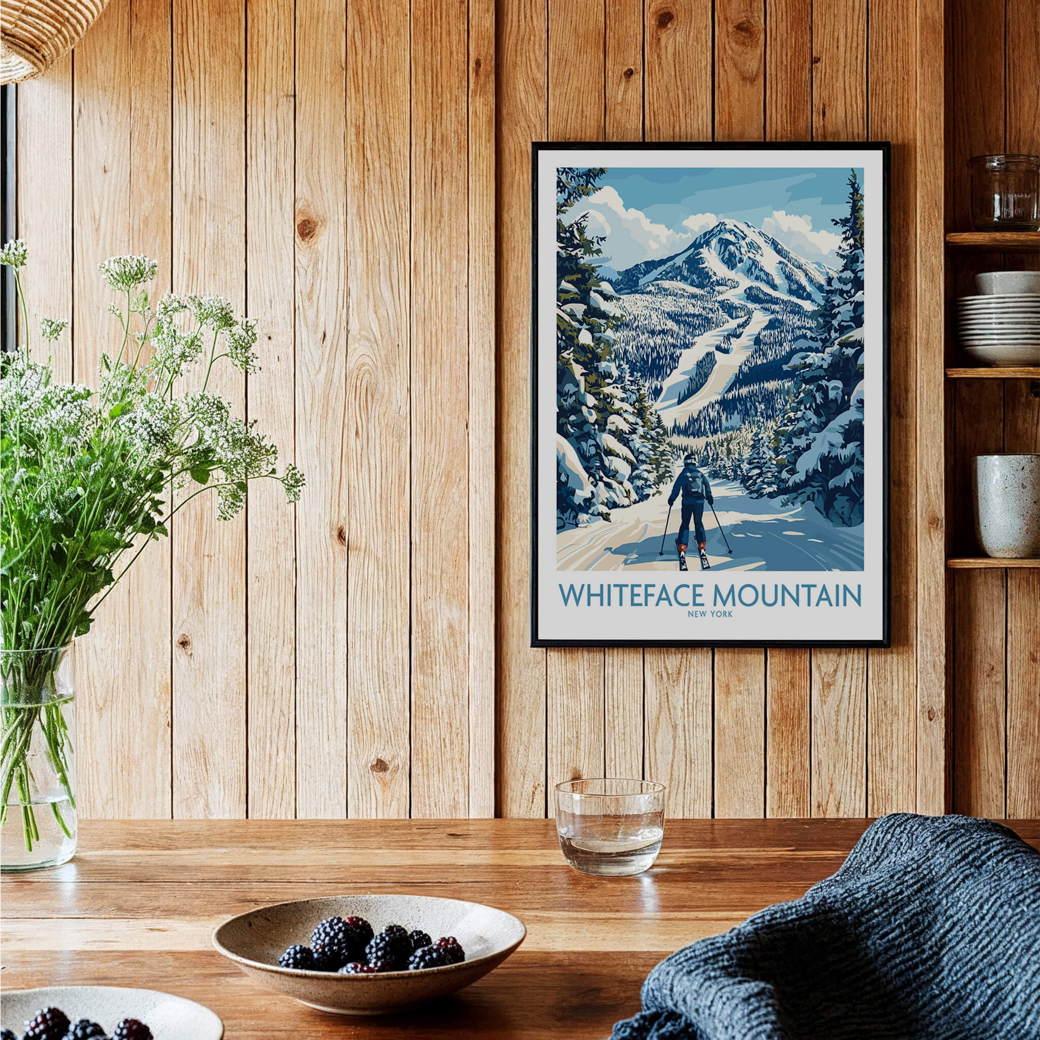 Whiteface New York Print | Skiing Scene Wall Art featuring a skier at Whiteface Mountain surrounded by snow-covered trees.