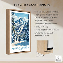Whiteface New York Print | Skiing Scene Wall Art featuring a framed canvas print with a skier in a snowy mountain landscape.