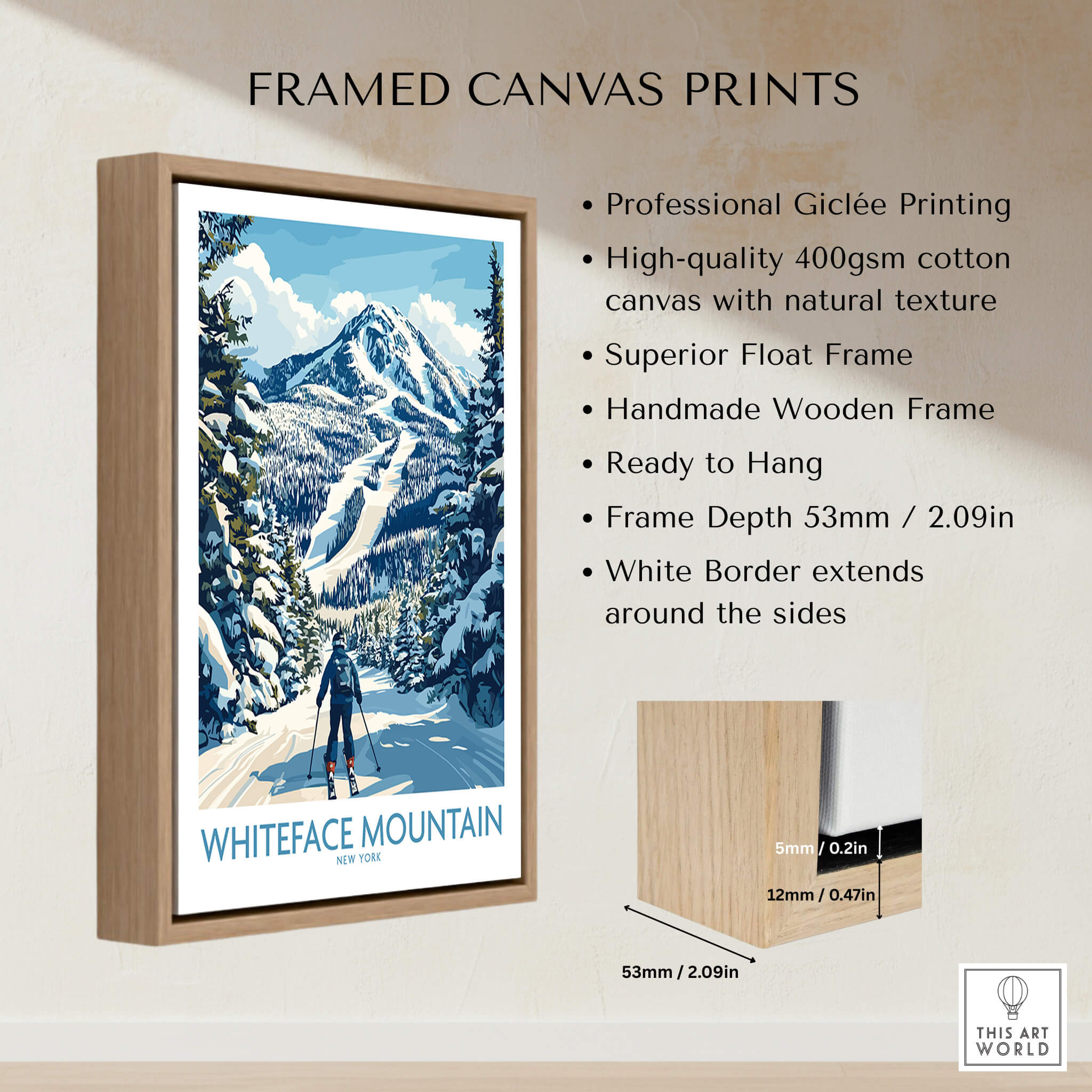 Whiteface New York Print | Skiing Scene Wall Art featuring a framed canvas print with a skier in a snowy mountain landscape.
