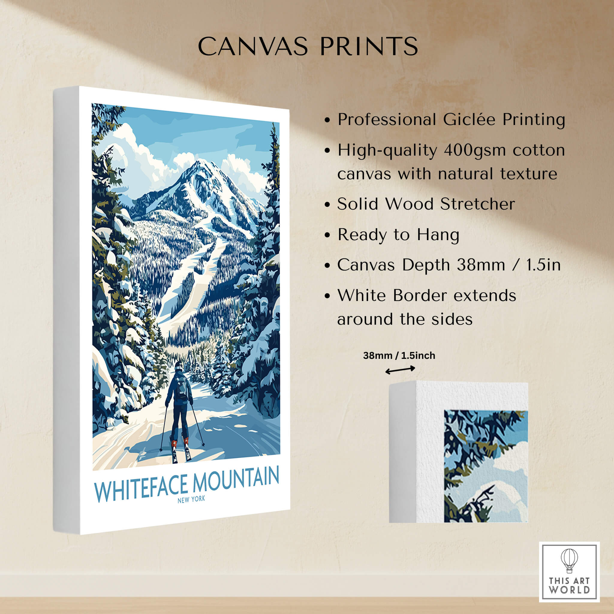 Whiteface New York Print | Skiing Scene Wall Art showcasing a skier on Whiteface Mountain surrounded by snow and trees.