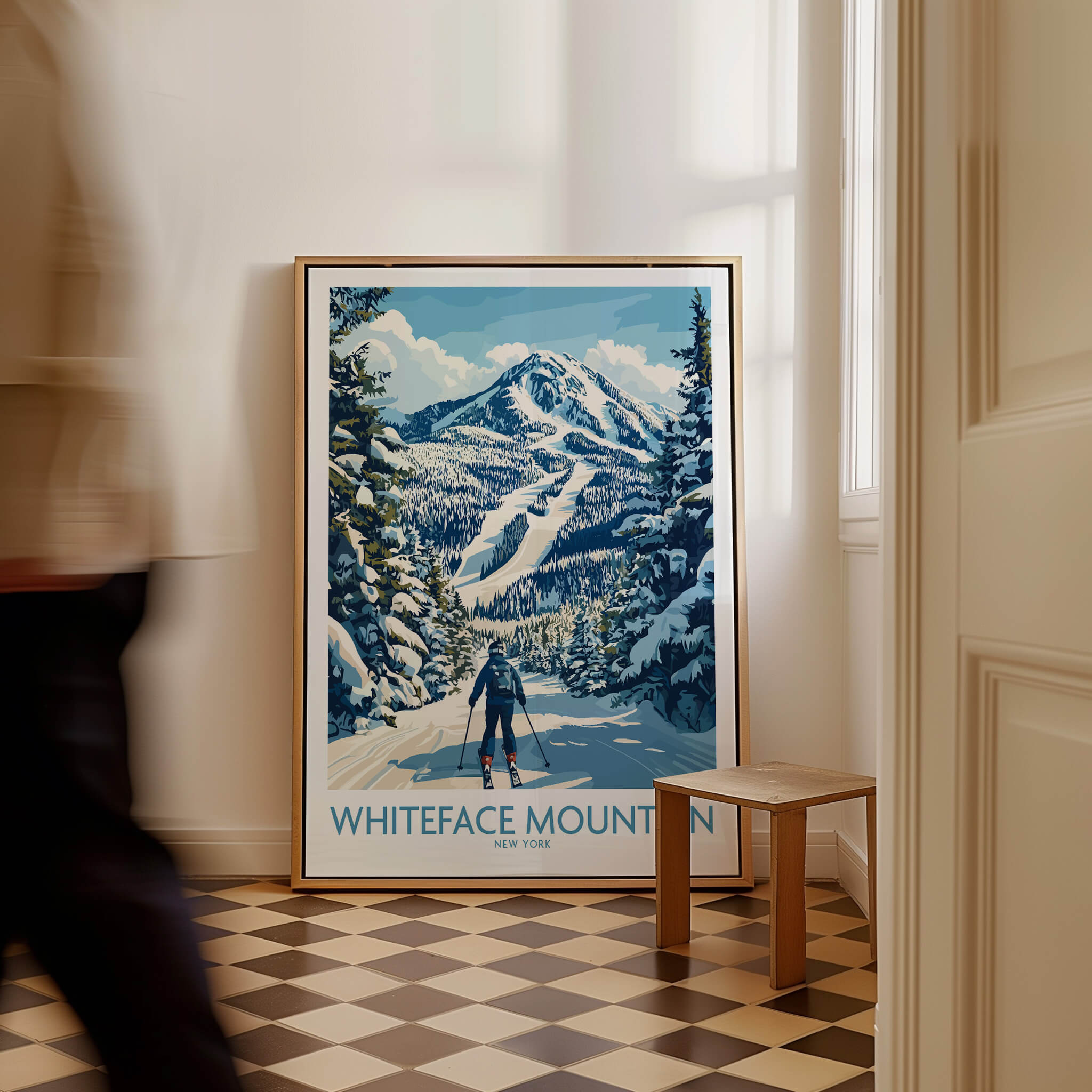 Whiteface New York Print | Skiing Scene Wall Art featuring a skier on Whiteface Mountain surrounded by snow-covered trees.