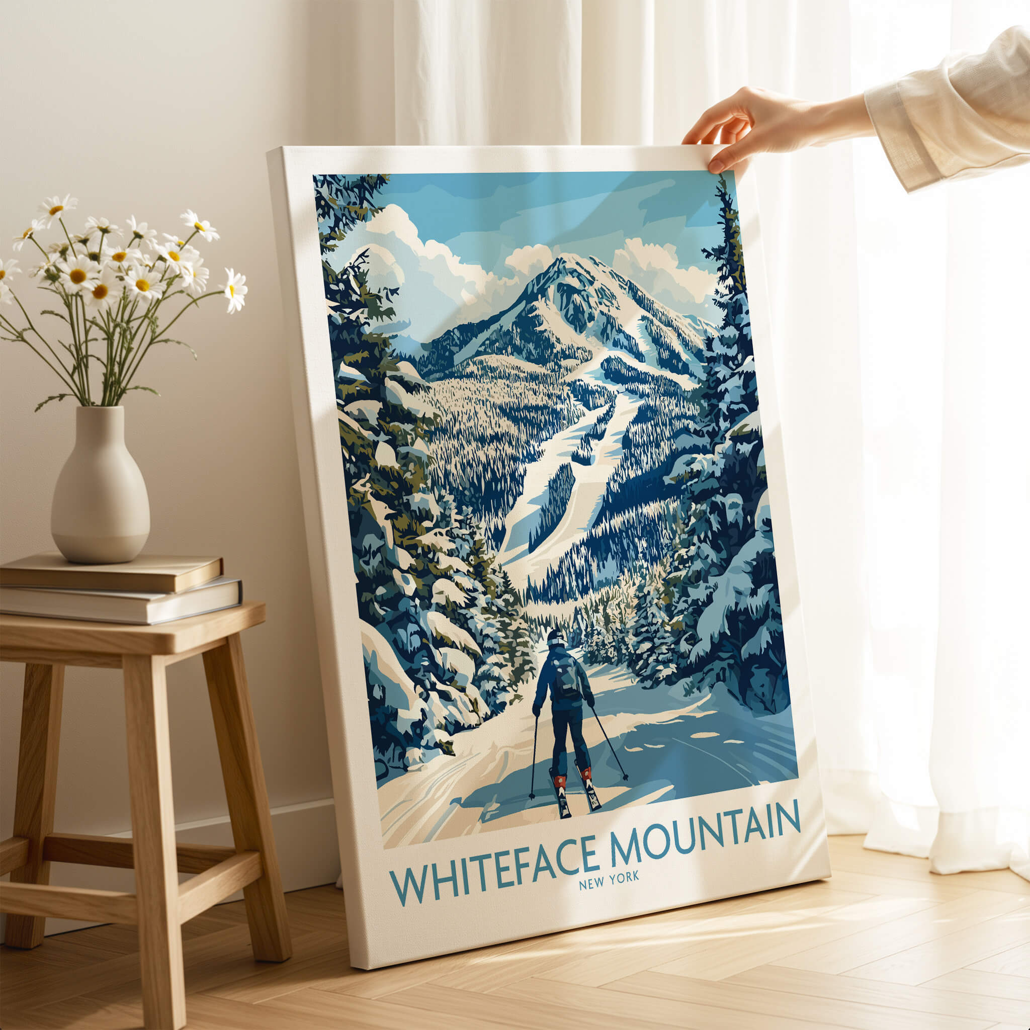Whiteface New York Print | Skiing Scene Wall Art featuring a skier on a snowy Whiteface Mountain.