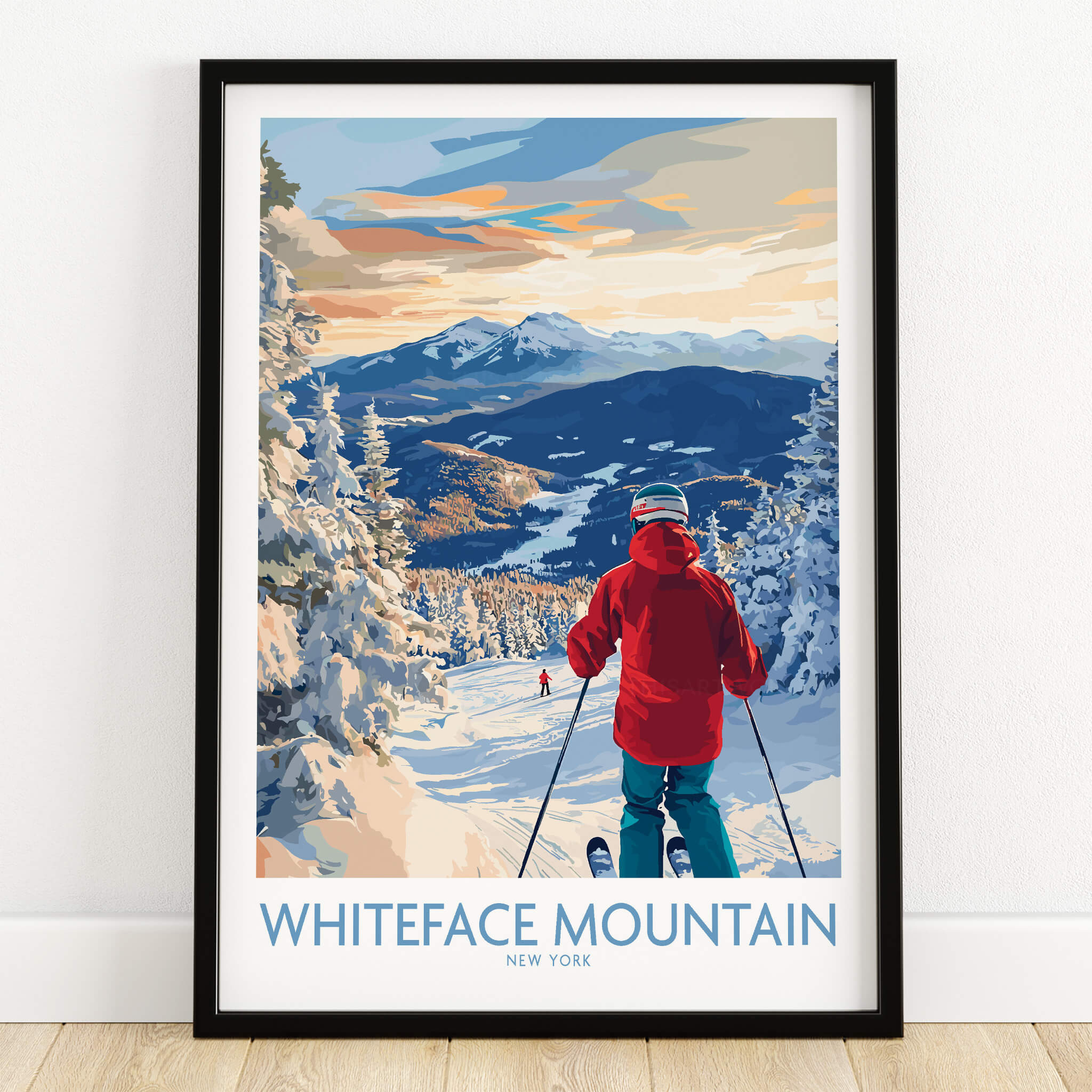 Whiteface Mountain Ski Wall Art Ski Print showcasing skier in stunning snowy landscape with mountains in the background.