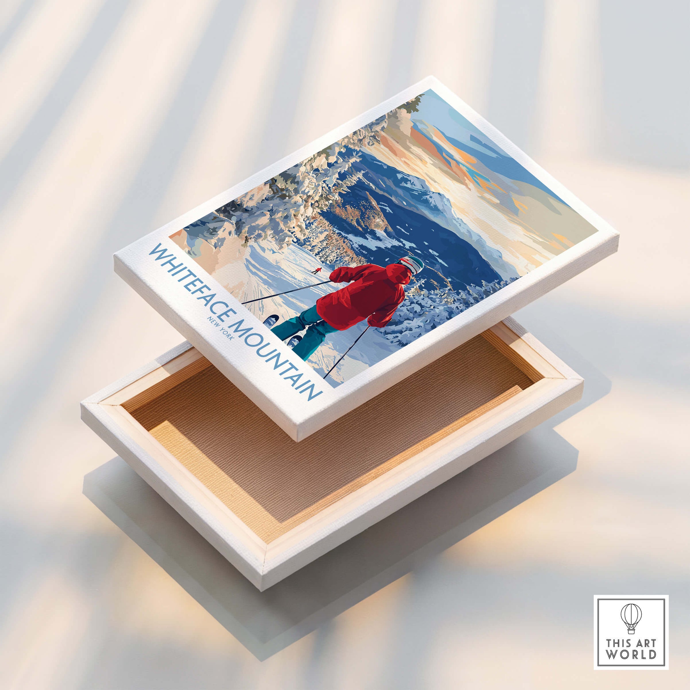 Whiteface Mountain Ski Wall Art Ski Print featuring a skier against a snowy landscape on a canvas