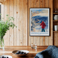 Whiteface Mountain Ski Wall Art Ski Print displayed in a cozy interior setting with a skier and wooden decor.